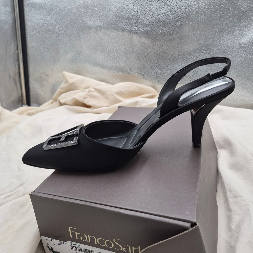 Franco Sarto Black Satin Slingback Heels with Rhinestone Buckle